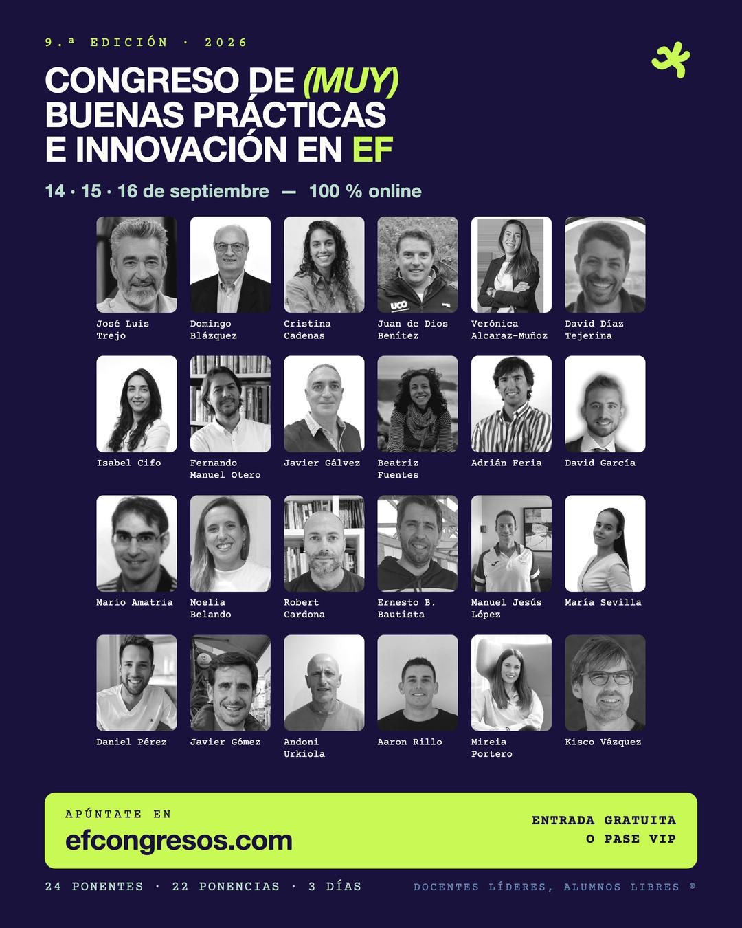 Cartel del Congreso de (muy) Buenas Prácticas e innovación en Educación Física con los 22 ponentes de la edición de 2026